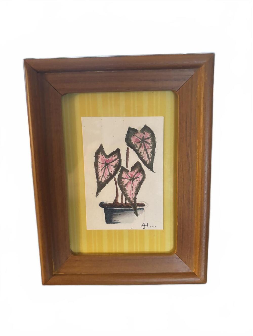 Original Art Signed Elephant Ear Plant Watercolor in Vtg Solid Wood Frame